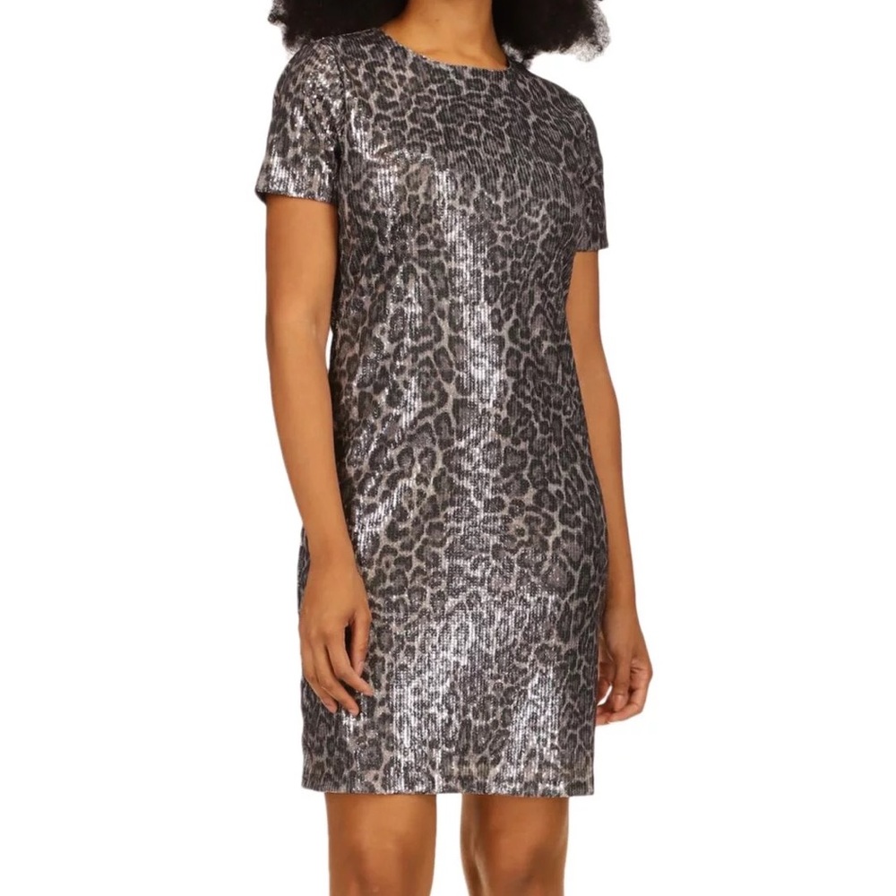 MICHAEL KORS Gray Sequined Zippered Lined Animal Print Short Sleeve Dress L